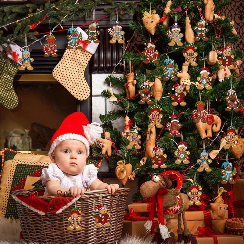 12/24 Stück Lebkuchenmann Holzornamente Weihnachtsbaum hängende Anhänger 2025, Weihnachtsfeier, Heimdekoration, Kinder, DIY-Geschenkanhänger