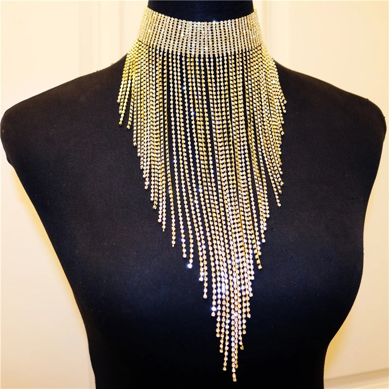 Neue Lange Kette Strass Quaste Choker Halsketten für Frauen Braut Aussage Halskette Hochzeit Kristall Schmuck Kragen Choke
