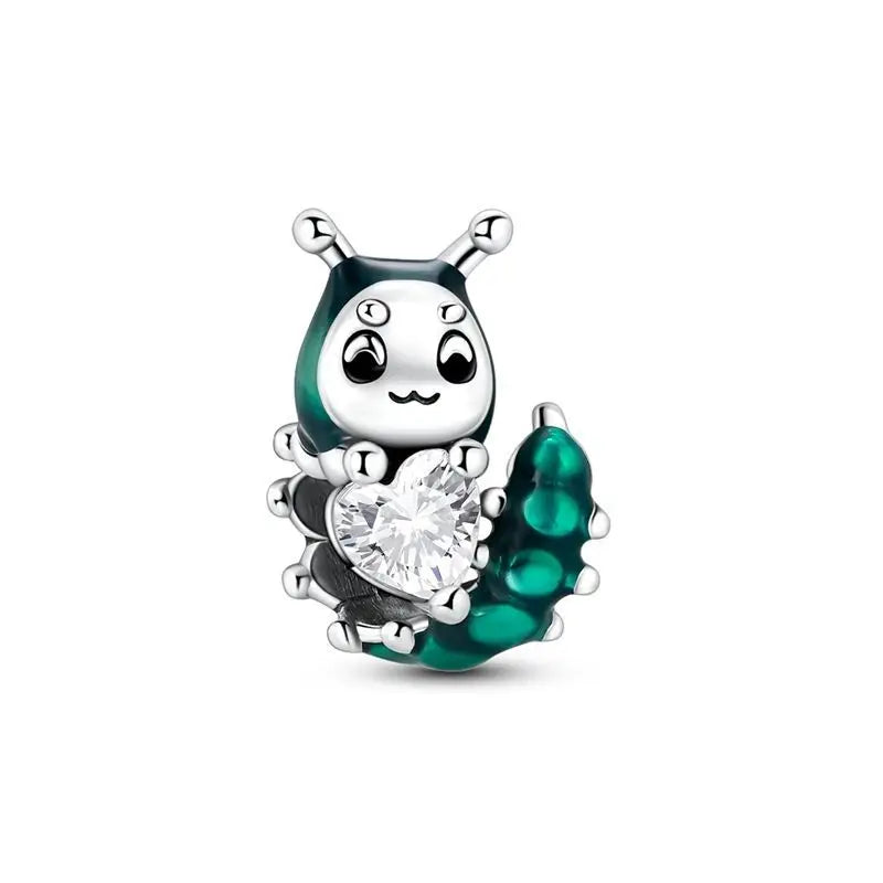 Niedlicher Raupenperlen aus 925er-Sterlingsilber, Schnecke und Bienen, vierblättriges Kleeblatt, baumelnder Charm, passend für Armbänder, bunte Anhänger-Geschenke