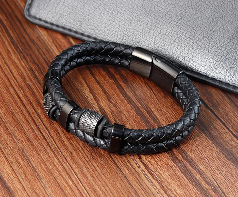 Charm Braid Rope Bracelet For Men Stainless Steel Magnetic Buckle Genuine Leather Bracelets &amp; Bangles Male Female Jewelry