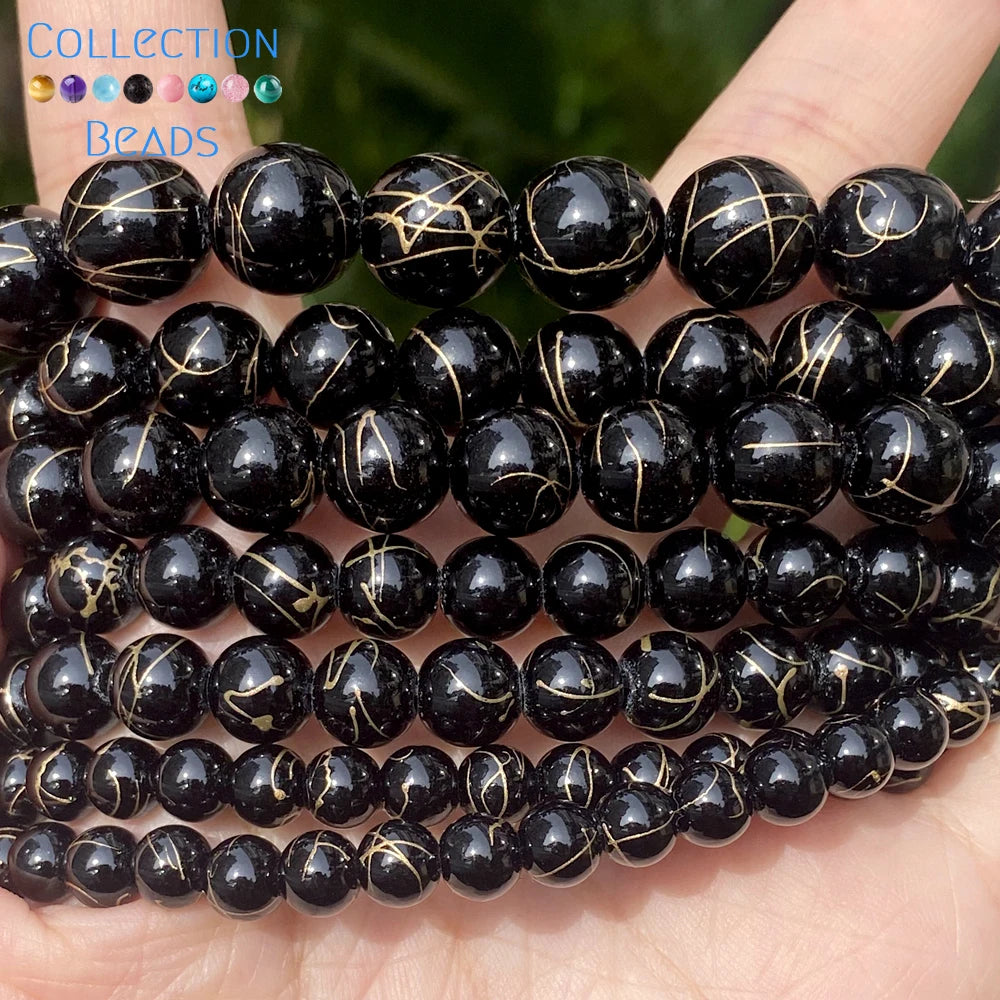 Natürliche Stein Perlen 6 8 10 12mm Schwarz Gold Farbe Linie Achate Runde Perlen Für Schmuck Machen DIY handgemachte Armband Halskette 15''