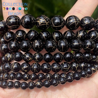Natürliche Stein Perlen 6 8 10 12mm Schwarz Gold Farbe Linie Achate Runde Perlen Für Schmuck Machen DIY handgemachte Armband Halskette 15''