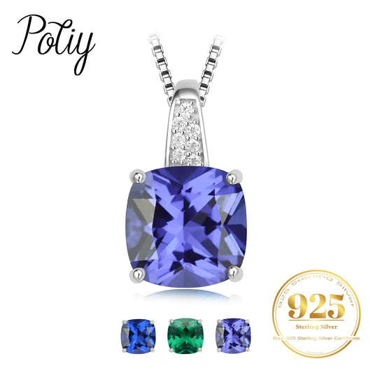Potiy 4,73 ct Kissen-Halskette mit Saphir-Nano-Smaragd-Tansanit-Anhänger, keine Kette, 925er-Sterlingsilber für Damen, Valentinstag
