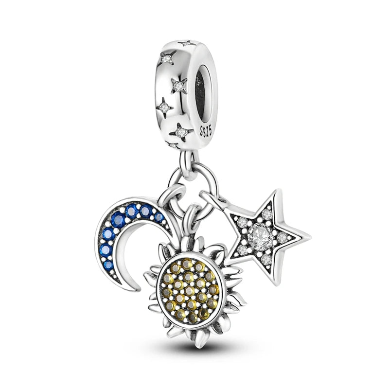 Neu im 925er-Sterlingsilber, goldene Sonnenblume, glückliche Sterne, passend für Original-Armbänder, Halsketten, Sonne, Mond, Diamant-Charm, Schmuck zum Selbermachen