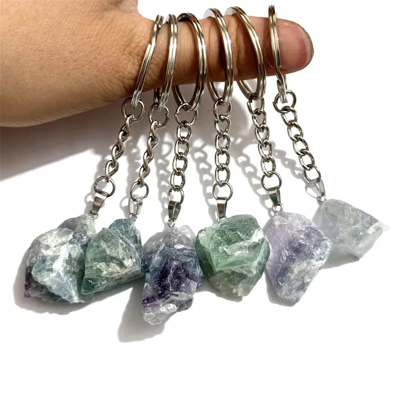 20 stücke Natürliche Raue Rohstein Kristall Quarz Schlüsselbund Frauen Männer Handtasche Hangle Auto Schlüssel Halter Raw Mineral Stein Schlüsselring schmuck