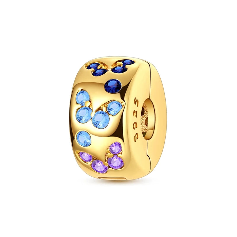 Exquisiter 925er-Sterlingsilber-Charm mit funkelndem Edelstein, Schlüssel, Blume, Schmetterling, passend für DIY-Armbänder, Halsketten, edler Schmuck, Geschenke