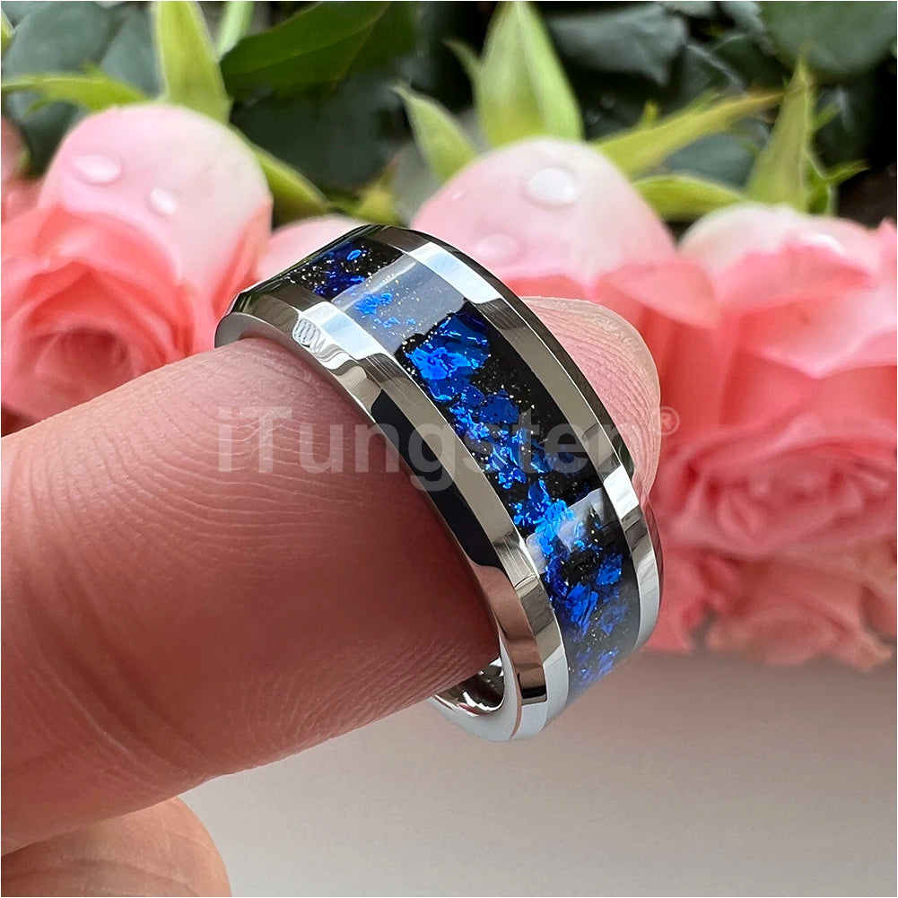 iTungsten 8 mm schwarze/silberne Wolfram-Eheringe für Männer und Frauen mit blauen Folien, abgeschrägte Kanten, polnisch, glänzend, bequeme Passform