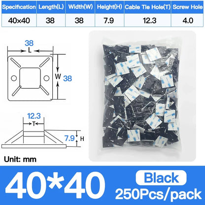250/500/1000 Stück Kabelbinderhalterungen, langlebige Clip-Klemme, Wandhalter, Basis, selbstklebende Rückseite, Kabelbinder, Halterung, Kabel, Draht