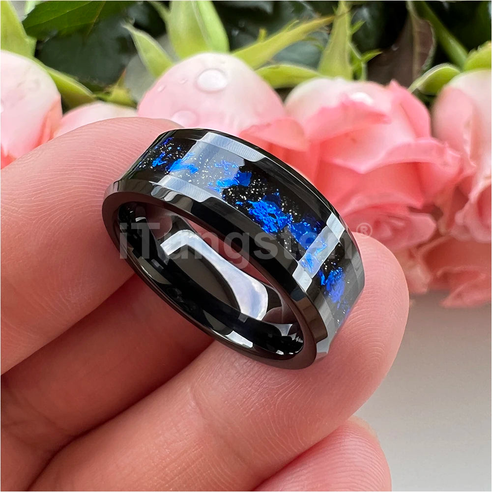 iTungsten 8 mm schwarze/silberne Wolfram-Eheringe für Männer und Frauen mit blauen Folien, abgeschrägte Kanten, polnisch, glänzend, bequeme Passform