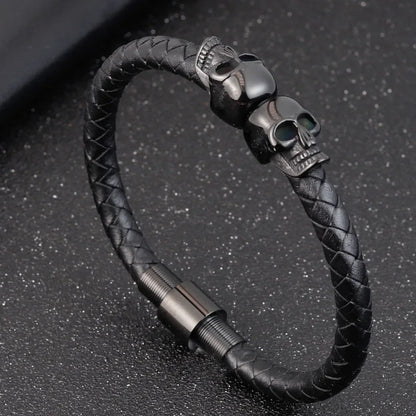 Übertreibung Männer Schmuck Schwarz Geflochtene Leder Armbänder Edelstahl Leder Armbänder Coole Schädel Armbänder Männer Armband