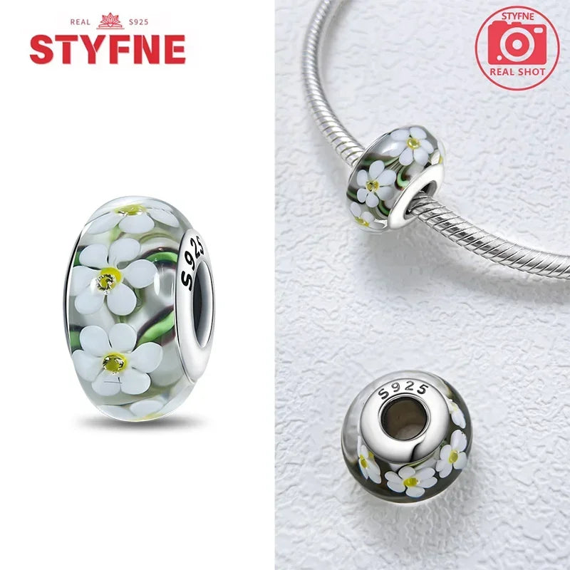 Echtes Sterlingsilber 925, Blumen-Charms, Glas, neue Original-Perle, bunt, Murano, passend für Original-Armbänder, DIY für Frauen, Schmuck, Geschenke