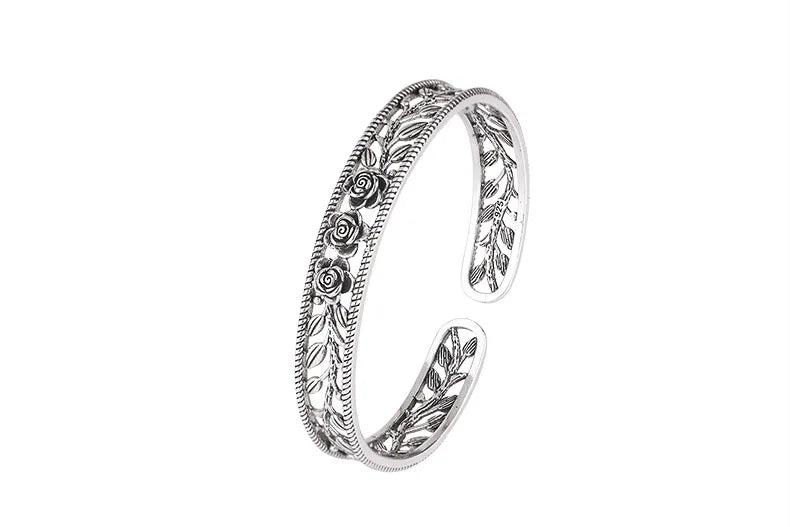 Neue Retro Rose Blatt Hohl Armbänder 925 Sterling Silber Schmuck Temperament Persönlichkeit Süße Blume Öffnung Armreifen TYB119