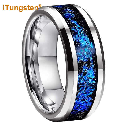 iTungsten 8 mm schwarze/silberne Wolfram-Eheringe für Männer und Frauen mit blauen Folien, abgeschrägte Kanten, polnisch, glänzend, bequeme Passform