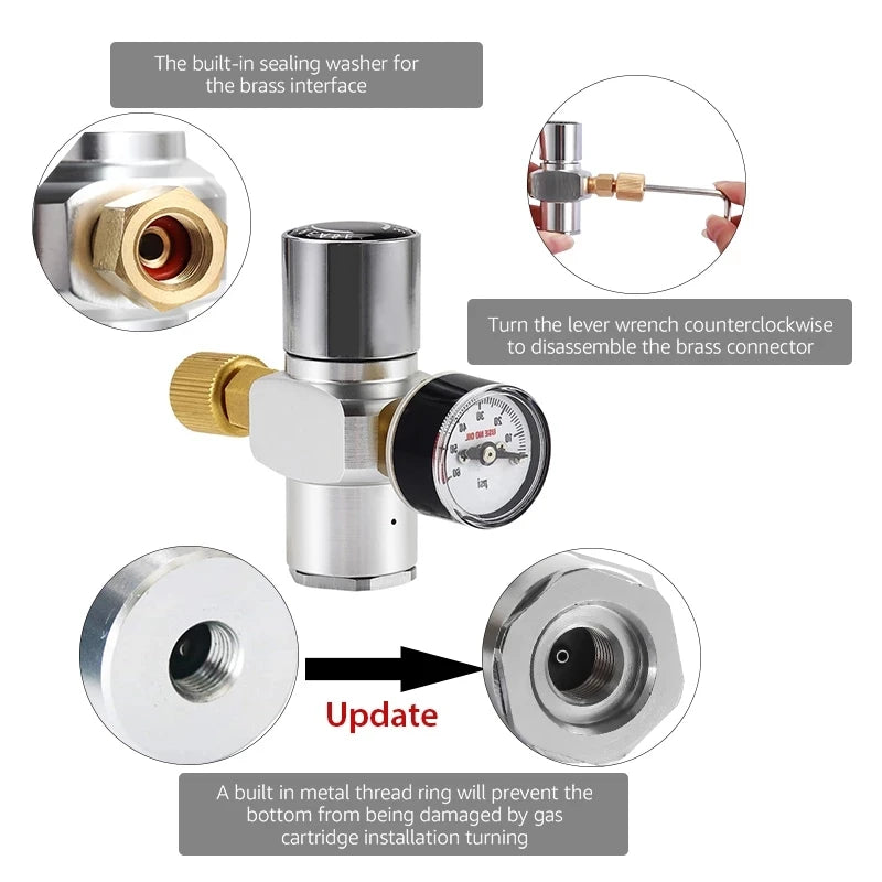 2-in-1-CO2-Ladegerät mit konvertiertem Adapter für TR21 x 4 CO2-Zylinder, 0–60 psi Mini-CO2-Regler für CO2-Kartusche