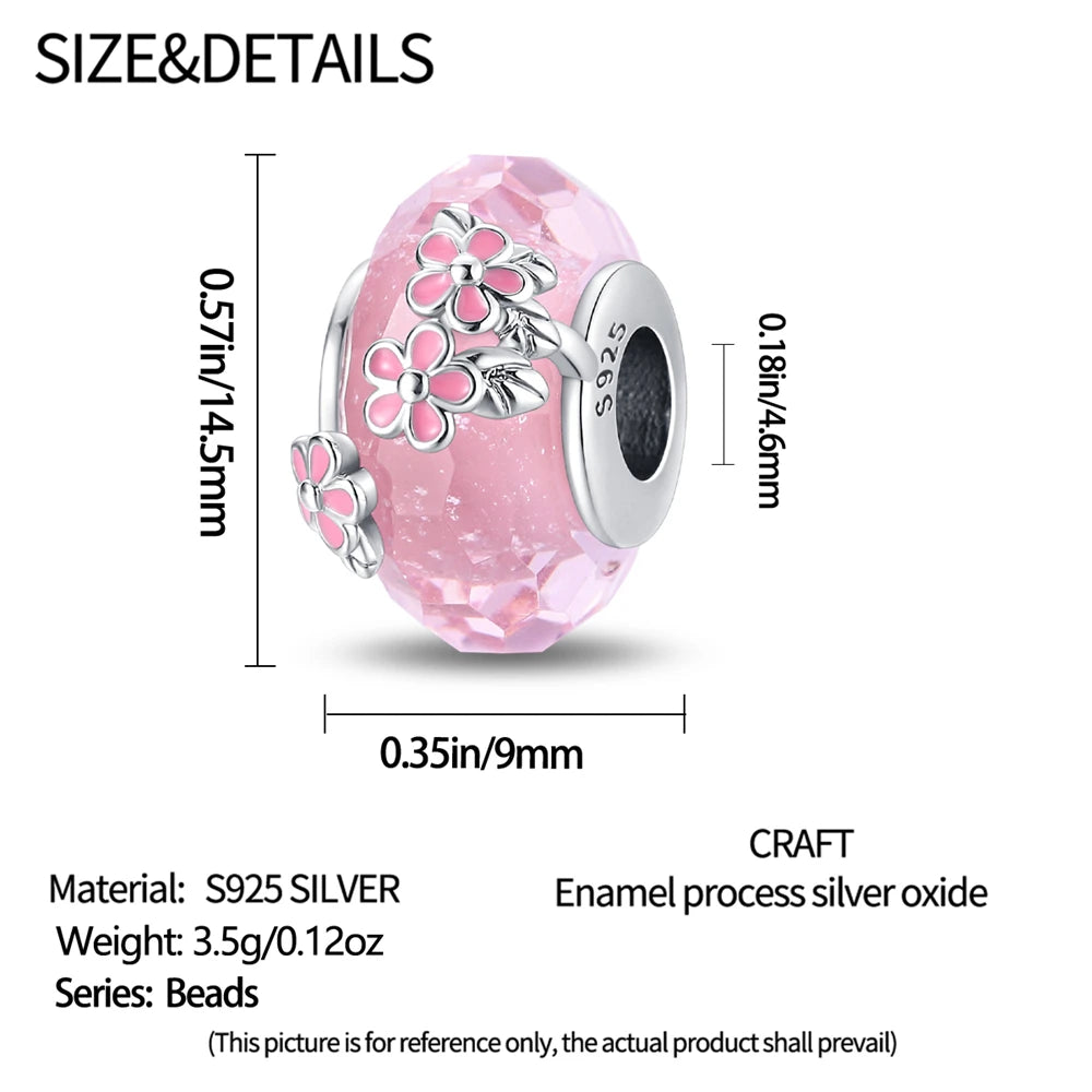 Sakura-Glas-Charm-Anhänger aus 925er-Sterlingsilber mit Zirkonia, passend für DIY-Armbänder, Halsketten, Geschenk für Sie, Colgante Plata
