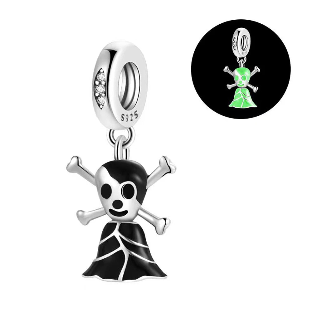 Atemberaubender Geisterrosen-Perlen aus 925er-Sterlingsilber und Spinnen-Seidenschädel-Anhänger, passend für Armbänder, Halloween-Anhänger, Accessoires, Geschenke