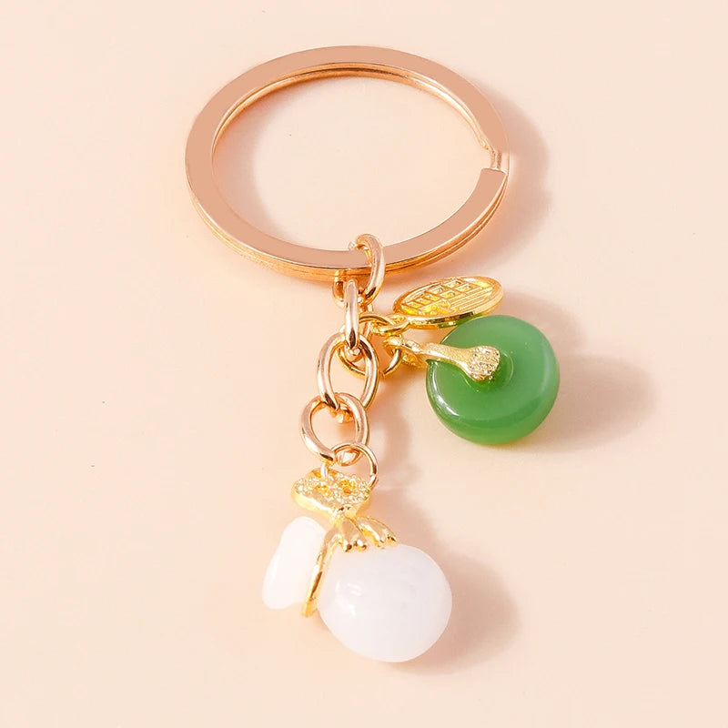 Elegante Edelstein Jade Bambus Schlüssel bund Charms Emaille Glück Katze Schlüssel ringe für Frauen Männer Handtasche Anhänger DIY Schmuck Zubehör
