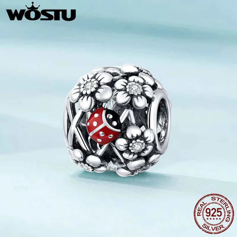WOSTU Echt 925 Sterling Silber Herz Perlen Blume Retro Muster Charms Anhänger Fit Original DIY Armband Halskette Silber Schmuck