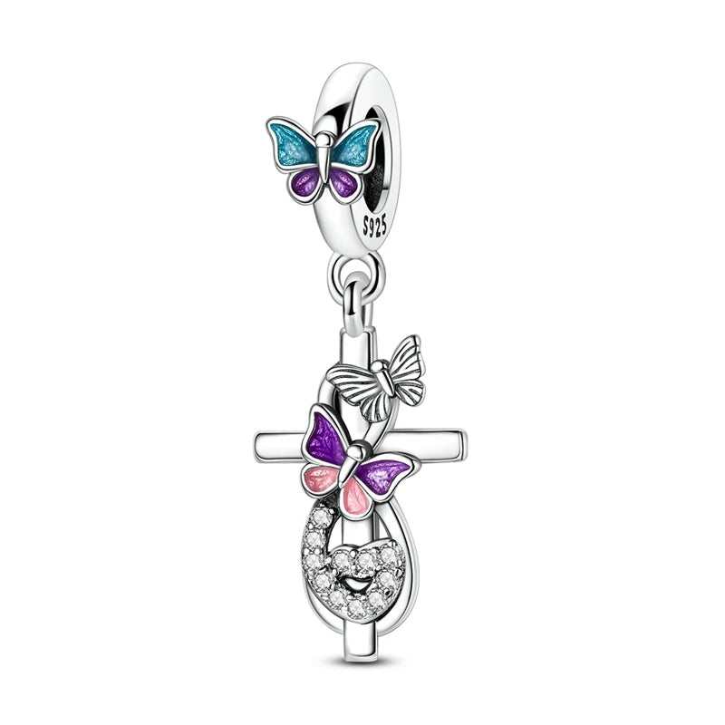 Exquisiter 925er-Sterlingsilber-Charm mit funkelndem Edelstein, Schlüssel, Blume, Schmetterling, passend für DIY-Armbänder, Halsketten, edler Schmuck, Geschenke