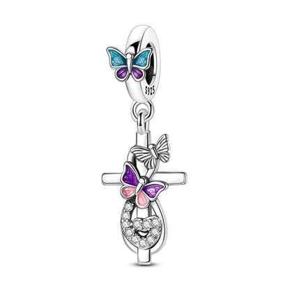 Exquisiter 925er-Sterlingsilber-Charm mit funkelndem Edelstein, Schlüssel, Blume, Schmetterling, passend für DIY-Armbänder, Halsketten, edler Schmuck, Geschenke