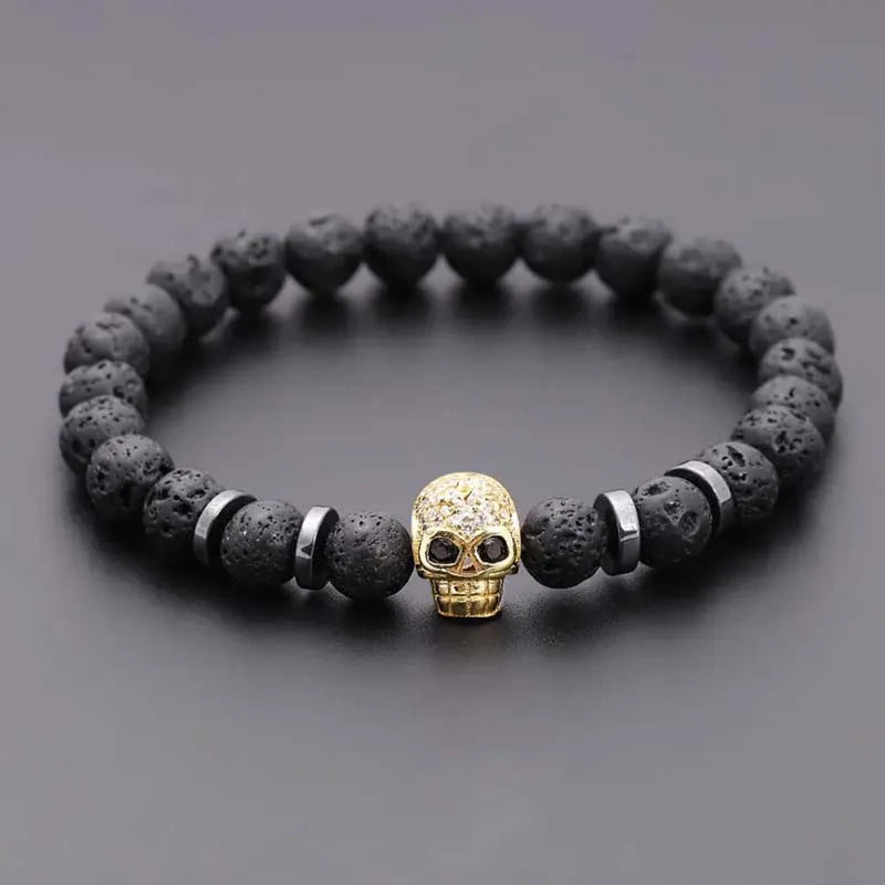 Black Eye Skull Hematite Beaded Bracelet Men Classic Handmade 8mm Lava Stone Charm Bracelet for Men Jewelry Gift