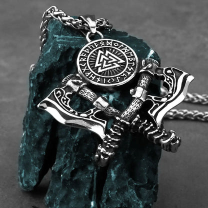 HNSP 316L Stainless Steel Double Axe Viking Pendant Chain Necklace For Men Vintage Jewelry Punk Accessories