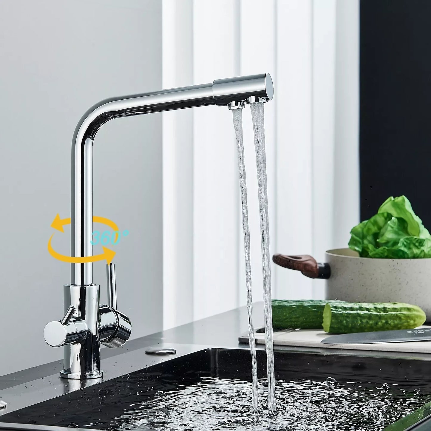 Chrom Messing Reines Wasser Küche Wasserhahn Dual Griff Heißes und Kaltes Trinkwasser 3-weg Filter Küche Gereinigte Mischbatterien