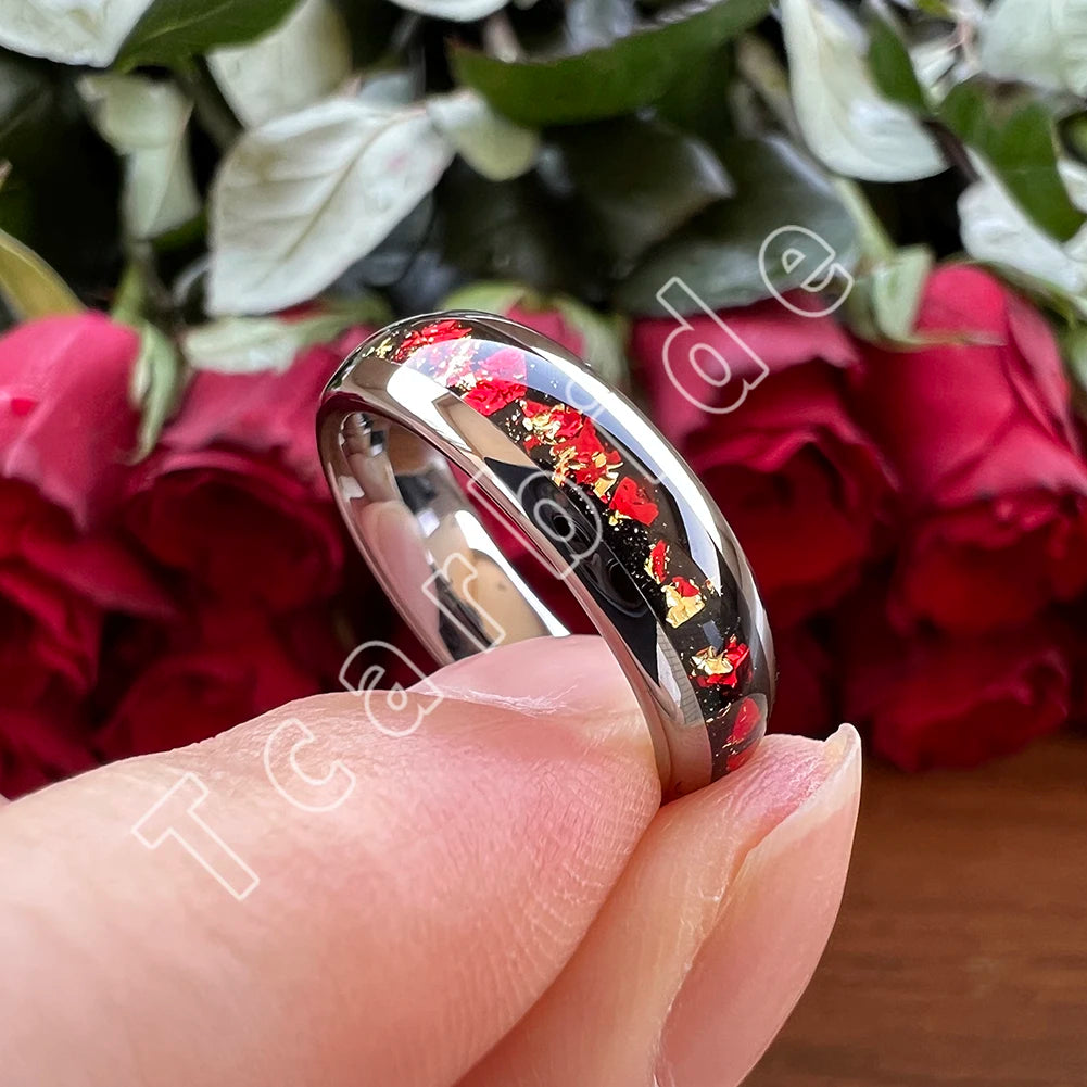 Dropshipping 6mm 8mm 18k Gold Farbe Kuppel Ehering Schöner Wolframkarbid Ring mit roter und Goldfolieninlage Comfort Fit