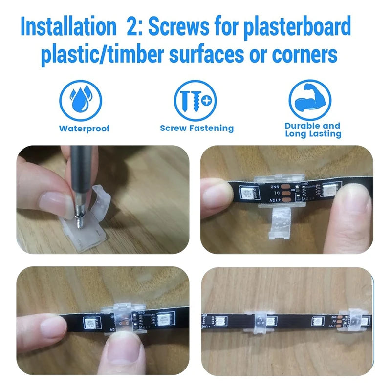 ABRM-100PCS Montageklemmen für LED-Lichtstreifen mit selbstklebendem Klebeband + Schraubenlichtklemmen für Innenlichtstreifen