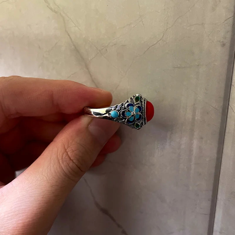 Retro filigran eingelegter roter Ring gebrannter blauer Palast Punk Gothic offener Ring für Frauen handgemachte Unisex Designer Schmuck Accessoires