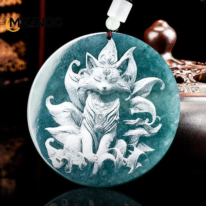 Natürliche Jadeit blau Wasser Neun-Schwanz-Fuchs Anhänger Schatten schnitzen Drachen Männer und Frauen Jade Halskette benutzer definierte exquisite Schmuck