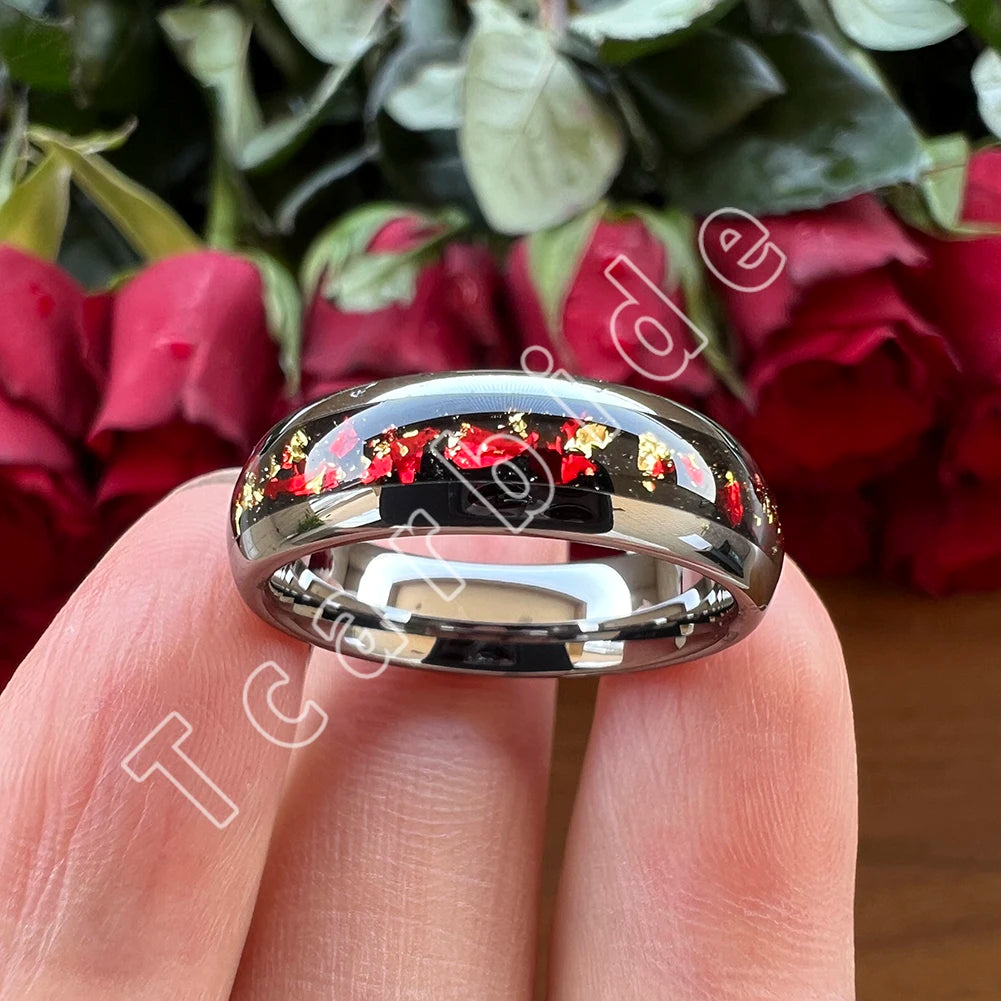 Dropshipping 6mm 8mm 18k Gold Farbe Kuppel Ehering Schöner Wolframkarbid Ring mit roter und Goldfolieninlage Comfort Fit