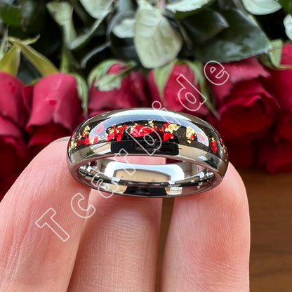 Dropshipping 6mm 8mm 18k Gold Farbe Kuppel Ehering Schöner Wolframkarbid Ring mit roter und Goldfolieninlage Comfort Fit