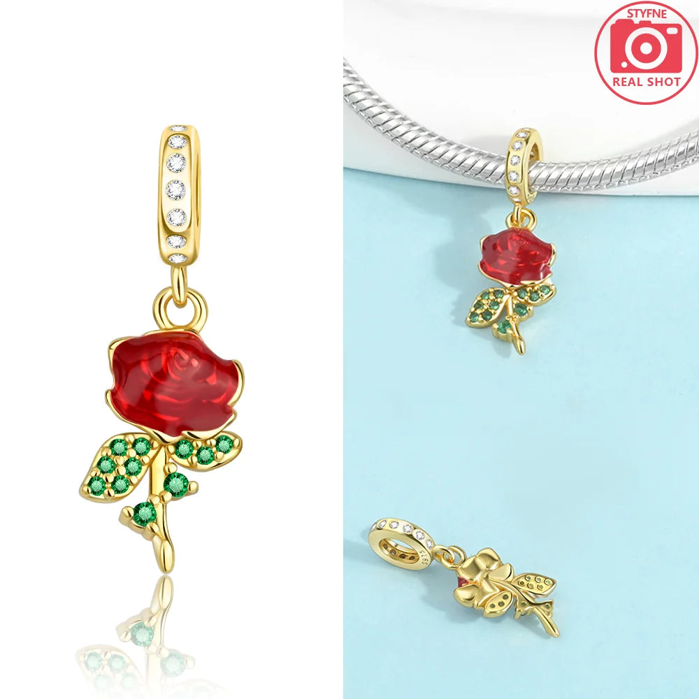 Original funkelnde Charm-Perlen aus 925er-Sterlingsilber, Gold, Rose, heller Stern, Herz, passend für Armbänder, DIY-Jubiläums-Schmuck, Geschenk
