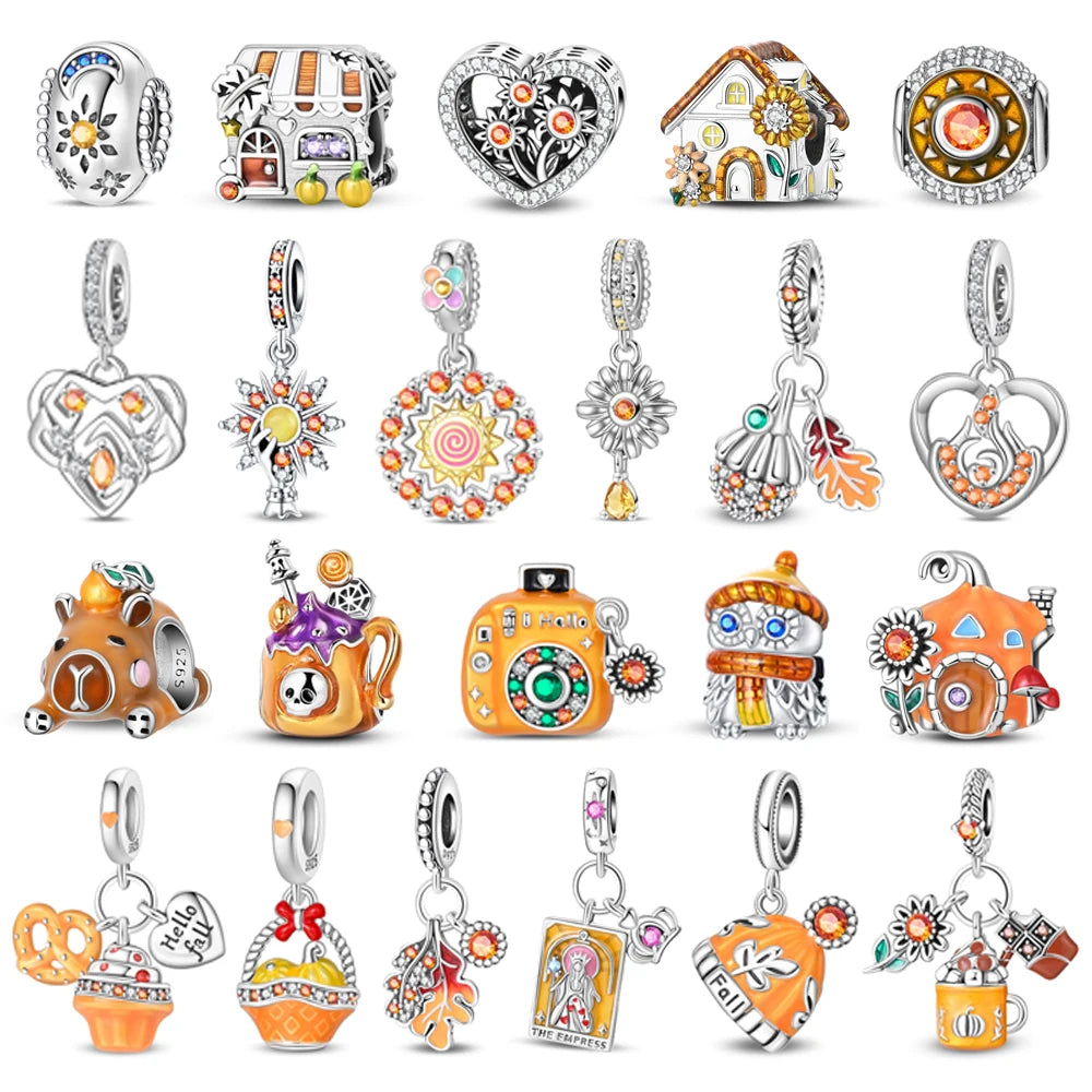 Kürbishaus-Perlen und Kuchen-Donut-Herzform aus 925er-Sterlingsilber, dreifach baumelnder Charm, passend für Armbänder, goldene orangefarbene Anhänger-Geschenke