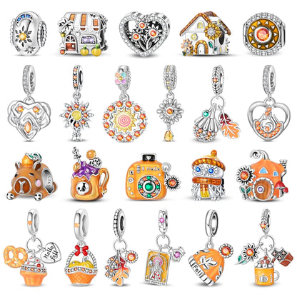 Kürbishaus-Perlen und Kuchen-Donut-Herzform aus 925er-Sterlingsilber, dreifach baumelnder Charm, passend für Armbänder, goldene orangefarbene Anhänger-Geschenke