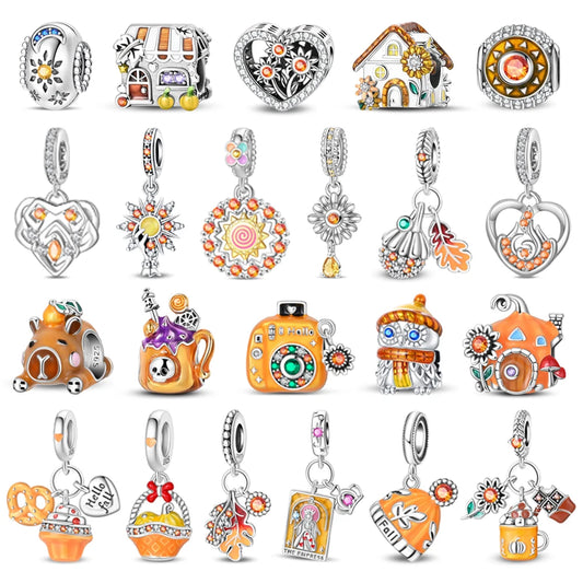 Kürbishaus-Perlen und Kuchen-Donut-Herzform aus 925er-Sterlingsilber, dreifach baumelnder Charm, passend für Armbänder, goldene orangefarbene Anhänger-Geschenke