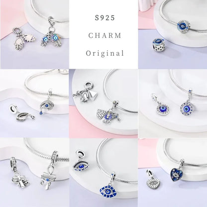 Teufelsaugen-Charm aus 925er Silber, Original-Hand der Fatima, blauer Zirkon, Kreuz, blaue Augen, passend für Armbänder, DIY-Herstellung von Schmuck, Geschenk