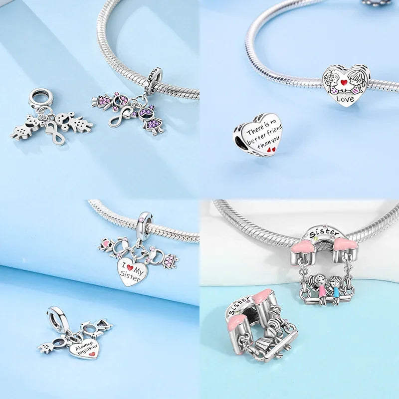 Sterling Silber S925 Schwestern auf der Schaukel Charms Herz Bead Fit Original Armband Armreif DIY Feines Geschenk Schmuck für Frauen