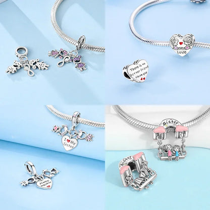 Sterling Silber S925 Schwestern auf der Schaukel Charms Herz Bead Fit Original Armband Armreif DIY Feines Geschenk Schmuck für Frauen