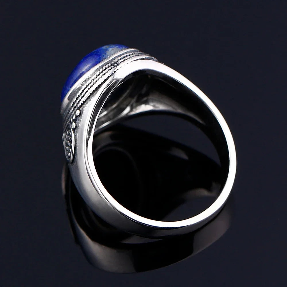 Silber S925 Ring Natürliche Große Oval Lapis Ringe für Männer Frauen Retro Luxus Edlen Schmuck Party Jahrestag Geschenk