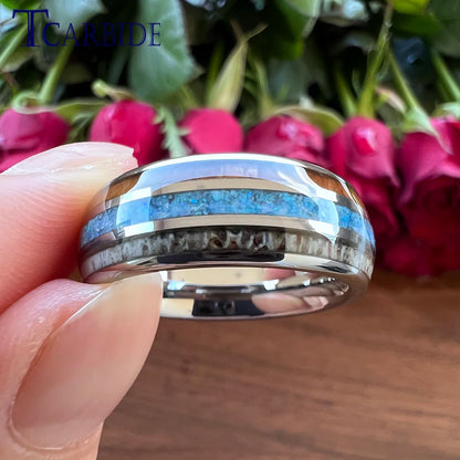 Dropshipping 8mm Männer Frauen Wolfram Ehering Dome Band Mit Hirschgeweih Blau Opal Und Holz Inlay Comfort Fit
