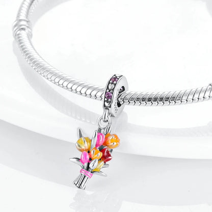 Charms-Perlen der Blumenserie, Original-Anhänger aus 925er-Sterlingsilber, Lotus-Tulpe, Rose, Nelke, passend für Armbänder, Damenschmuck, DIY-Geschenk
