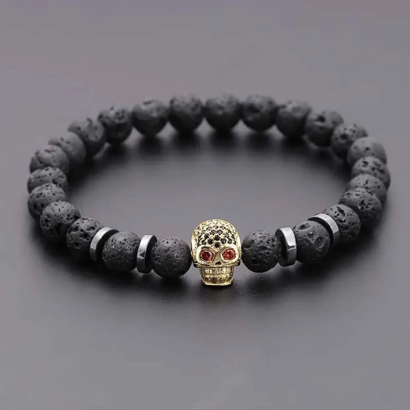Black Eye Skull Hematite Beaded Bracelet Men Classic Handmade 8mm Lava Stone Charm Bracelet for Men Jewelry Gift