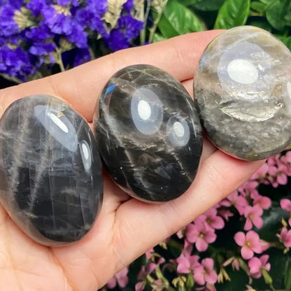 1 Stück schwarzer Mondstein-Palmenstein, polierter natürlicher Kristalledelstein zur Entspannung und Linderung, parfümfreier massiver Mondstein, getrommelter Stein