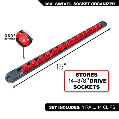 360 °   Drehbarer ABS-Sockel-Organizer, 1/4 Zoll, 3/8 Zoll, 1/2 Zoll, Premium-Qualität, Sockel-Clip-Schienenhalter, Steckdosen-Organizer, Werkzeuge, Blau und Rot