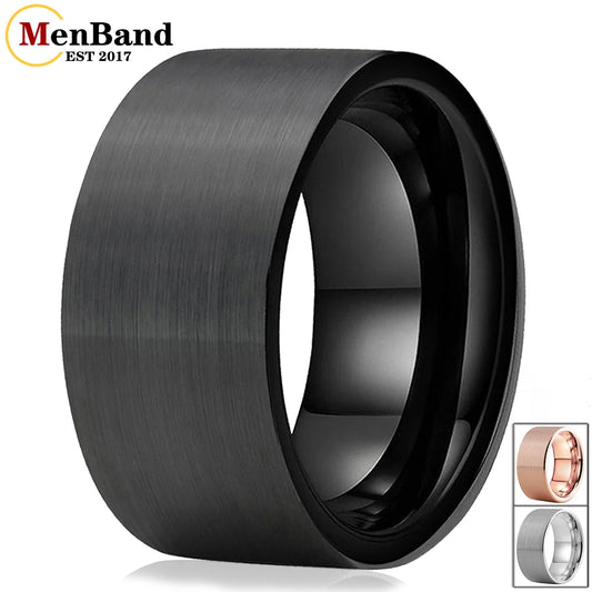 MenBand 10 mm 12 mm großer Herrenring, schwarzer Wolfram-Ehering, flaches Band und gebürstete Oberfläche, bequeme Passform