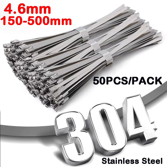 50 Stück Breite 4,6 mm Edelstahl-Kabelbinder, Auspufffolie, beschichtete Verriegelungskabelbinder, Mehrzweck-Kabelbinder mit Metall