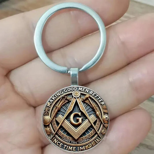 Retro-inspirierter flacher Freimaurer-Schlüsselanhänger aus Zinklegierung mit Kaliber und „Glaube, Hoffnung, Schlüsselanhänger“