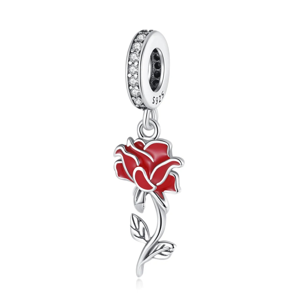 Wunderschöner roter Anhänger aus 925er-Sterlingsilber mit Rosenherz, Krabbe, Feuerwerkskörper, für Mädchen und Jungen, passend für DIY-Armbänder, Halsketten, süße Geschenke